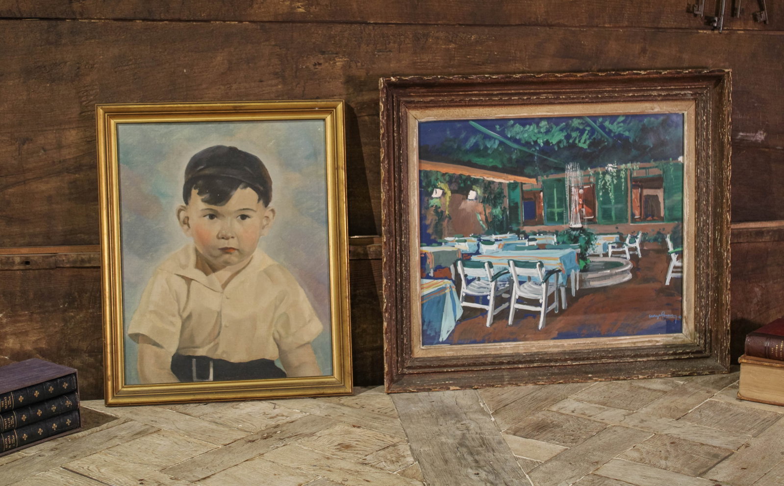 Decorative Art Grouping, Paintings: A restaurant scene and a adorable little boy. Size: 23"T x 27"W, 22.5"T x 18.5"W