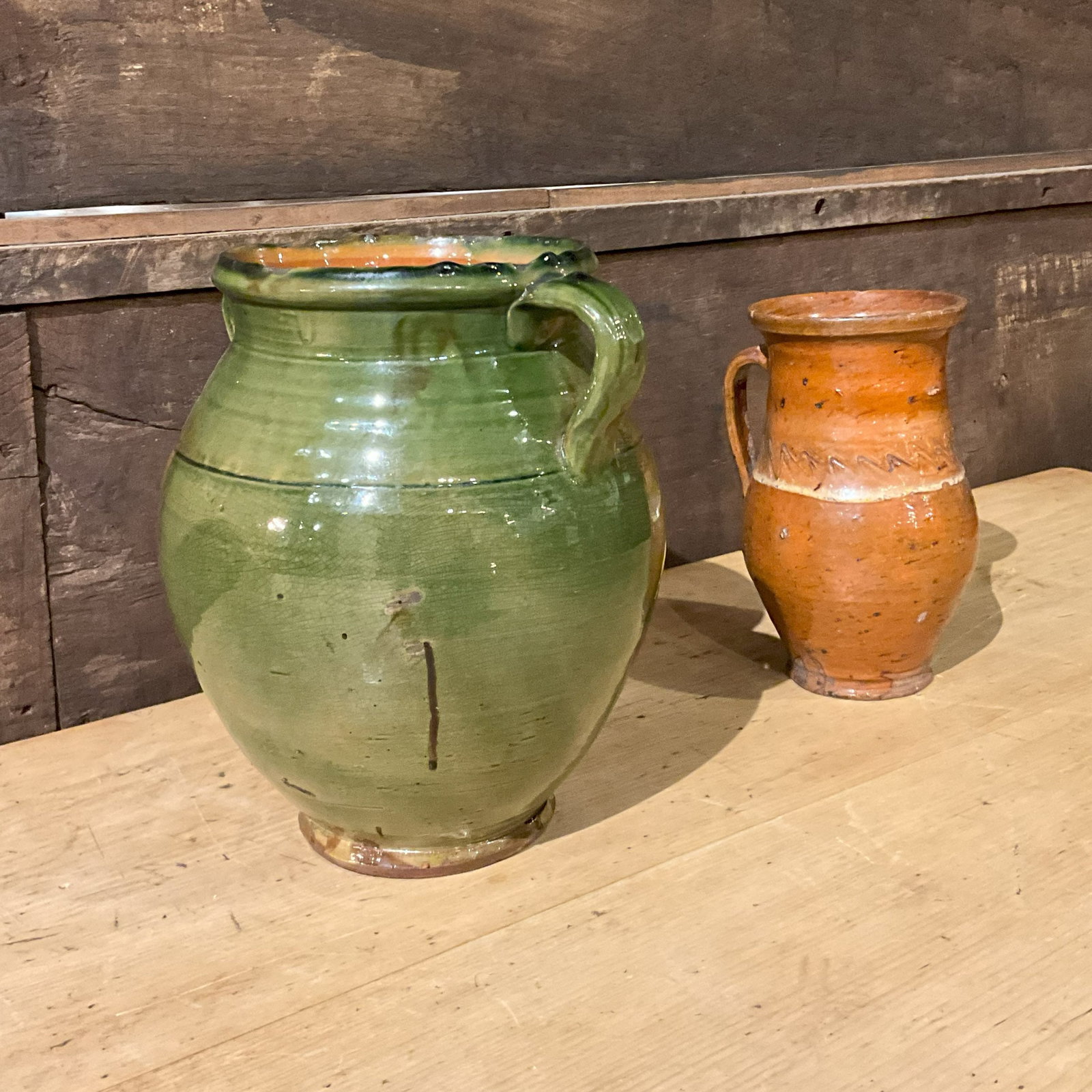 2 Italian Country Pots, Jugs: 2 pieces of Italian country pottery. Size: 10'T x 9.5" diameter; 8"T x 5" diameter Circa: 1850 List Price: $600