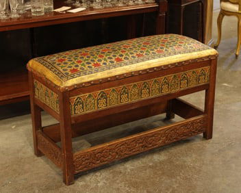 English Oak Duet Stool, Embossed Leather