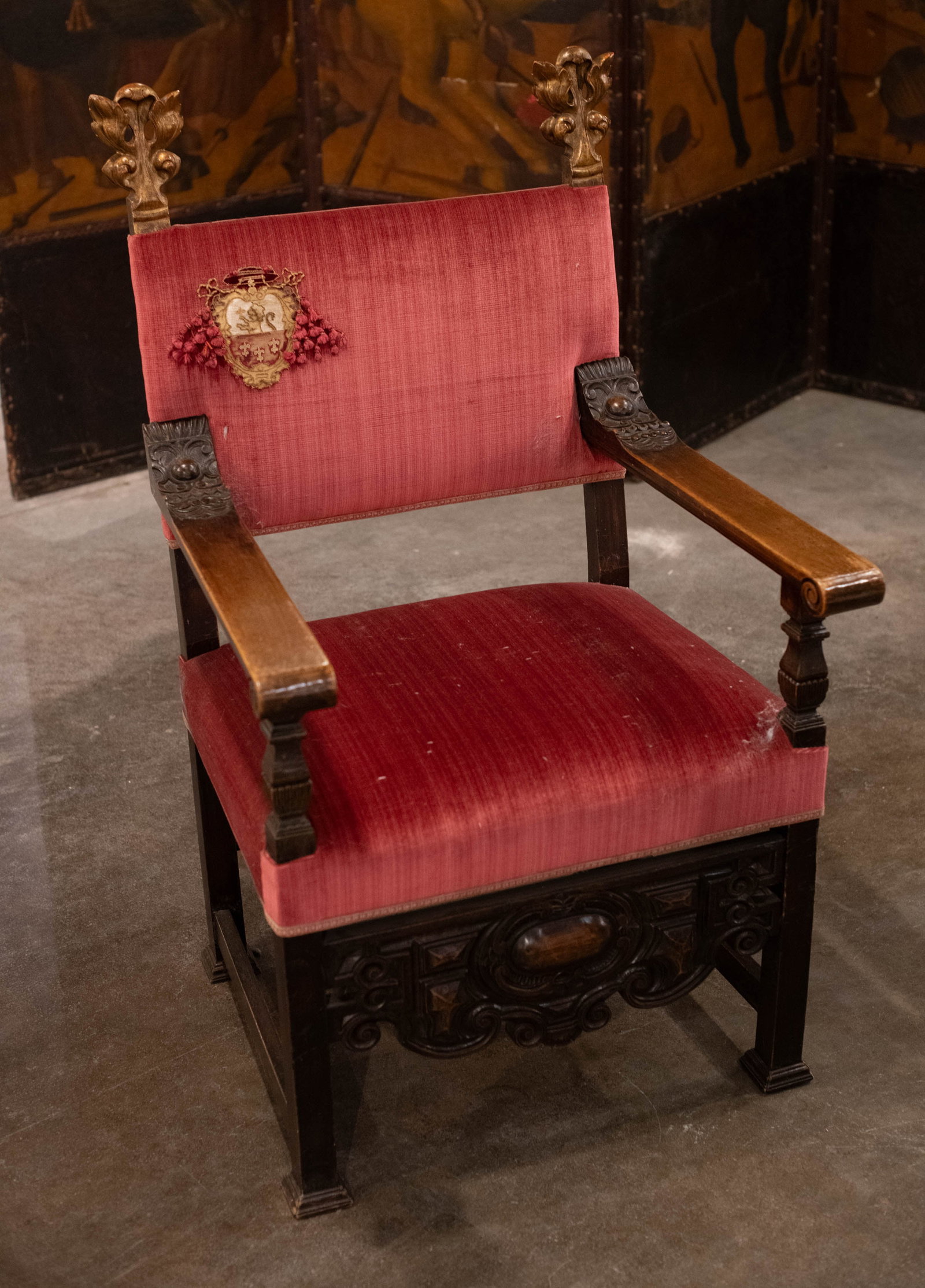 Italian Cardinal Chair, Velvet, Embroidered Crest: Late 19th to Turn of the Century Italian Cardinals style arm chair with gilt finial and velvet back and seat over ornate apron. Size: 47.5"H x27"W x25"D , seat height 19" Circa: 1870 List Price: $7400