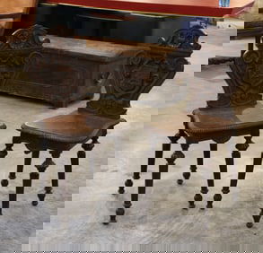 Pair Oak Hall Chairs, Hedgehog Crest