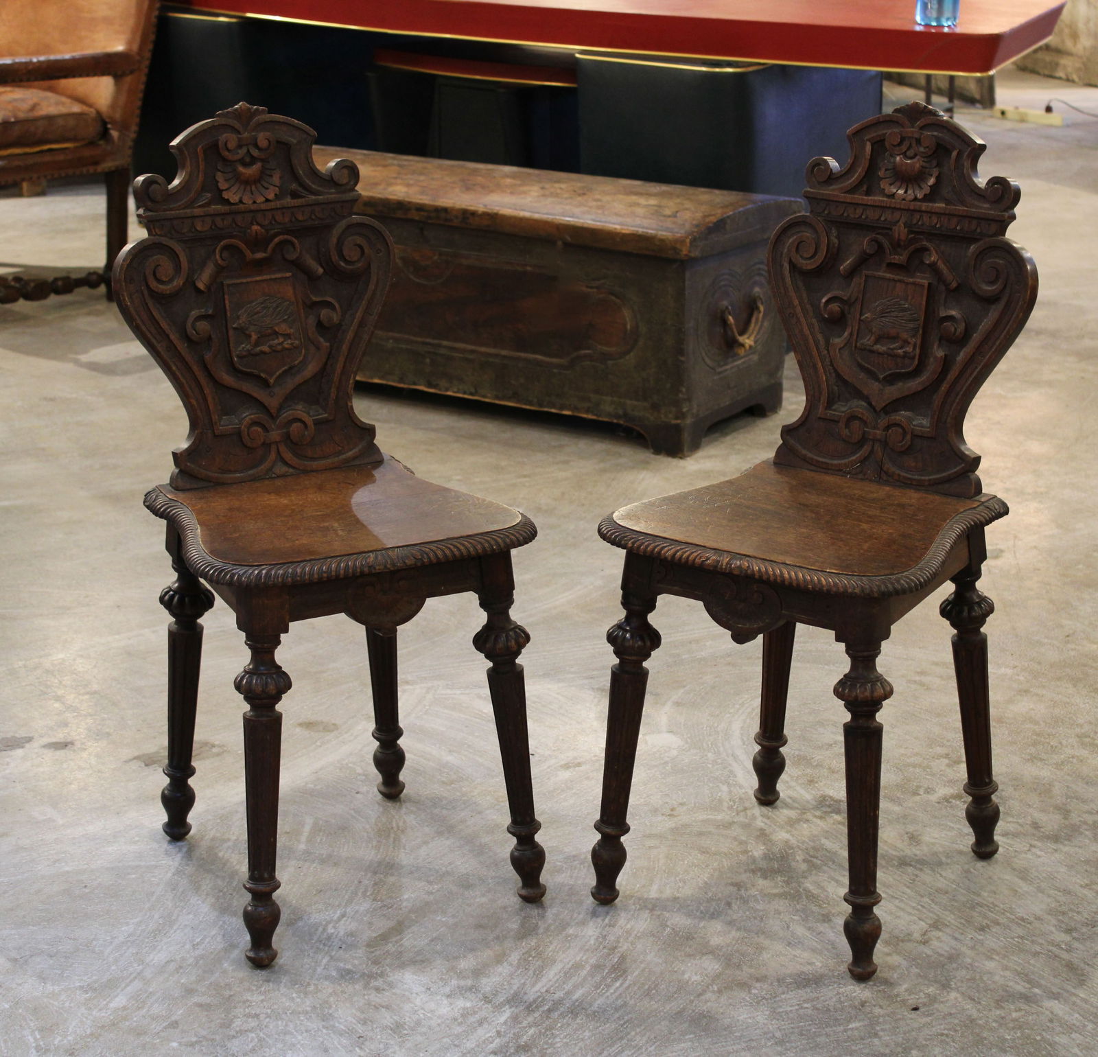 Pair Oak Hall Chairs, Hedgehog Crest (1 of 6)