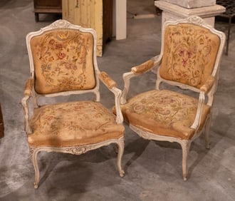 Pair French Louis XV Needlepoint Chairs