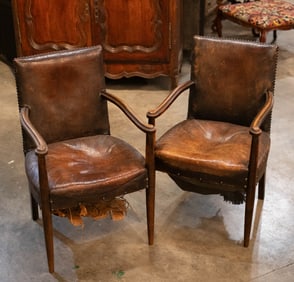 Pair French Leather Armchairs