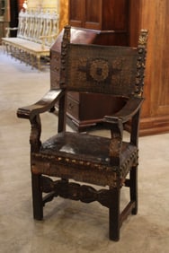 Antique Italian Walnut, Leather Armchair