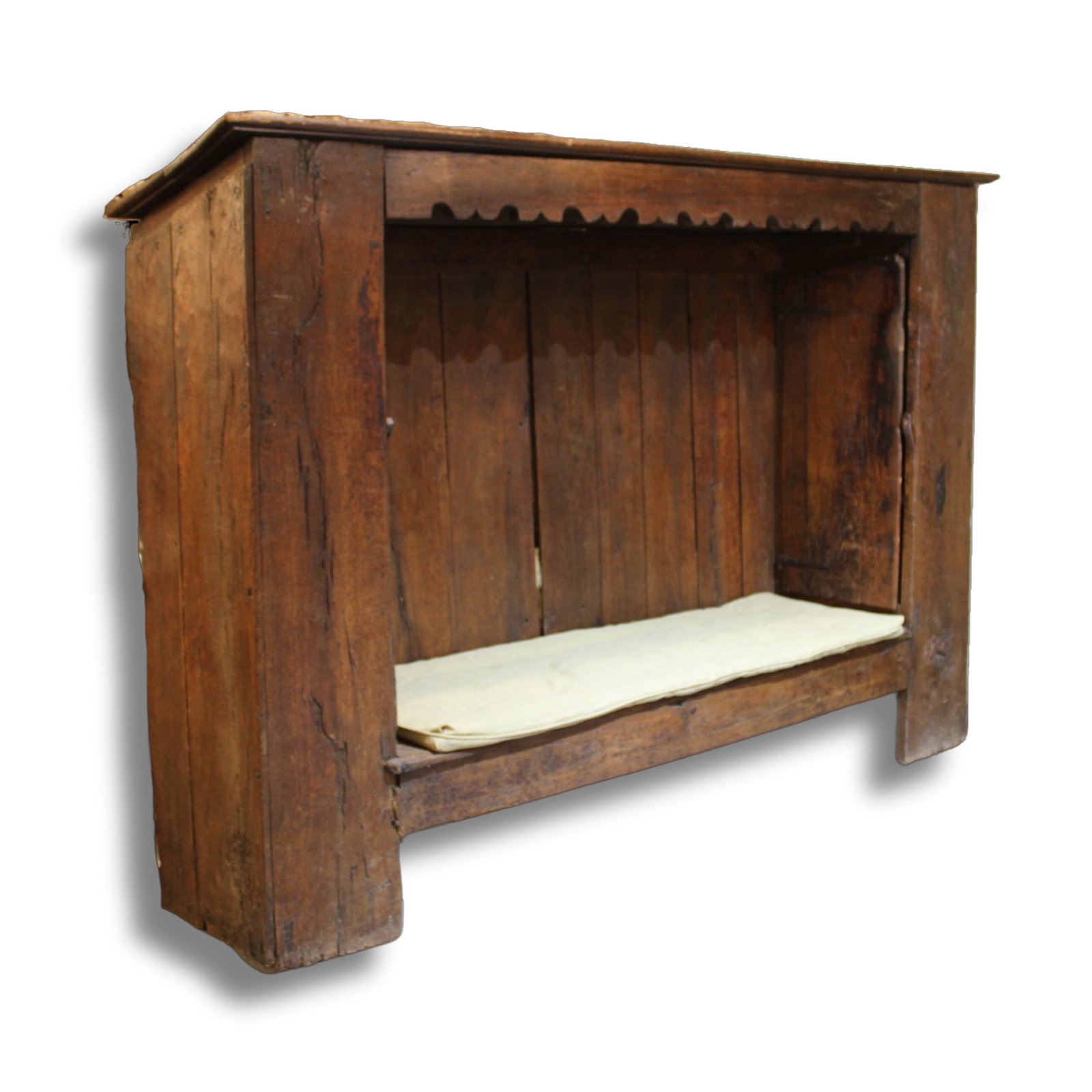 Spanish Settle, Book Nook: 18th Century and later Continental alcove/settle having scalloped upper trim over inset seat flanked by two compartments. Size: 70"H x 102"W x 23.5"D Circa: 1870 List Price: $9600