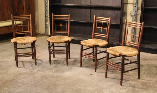 Set of 4 Rush Seat Morris & Co Chairs: A set of four Ford Maddox Brown for Liberty rush seat chairs. Size: 33"H x17"Wx17"D Circa: 1885 List Price: $11240