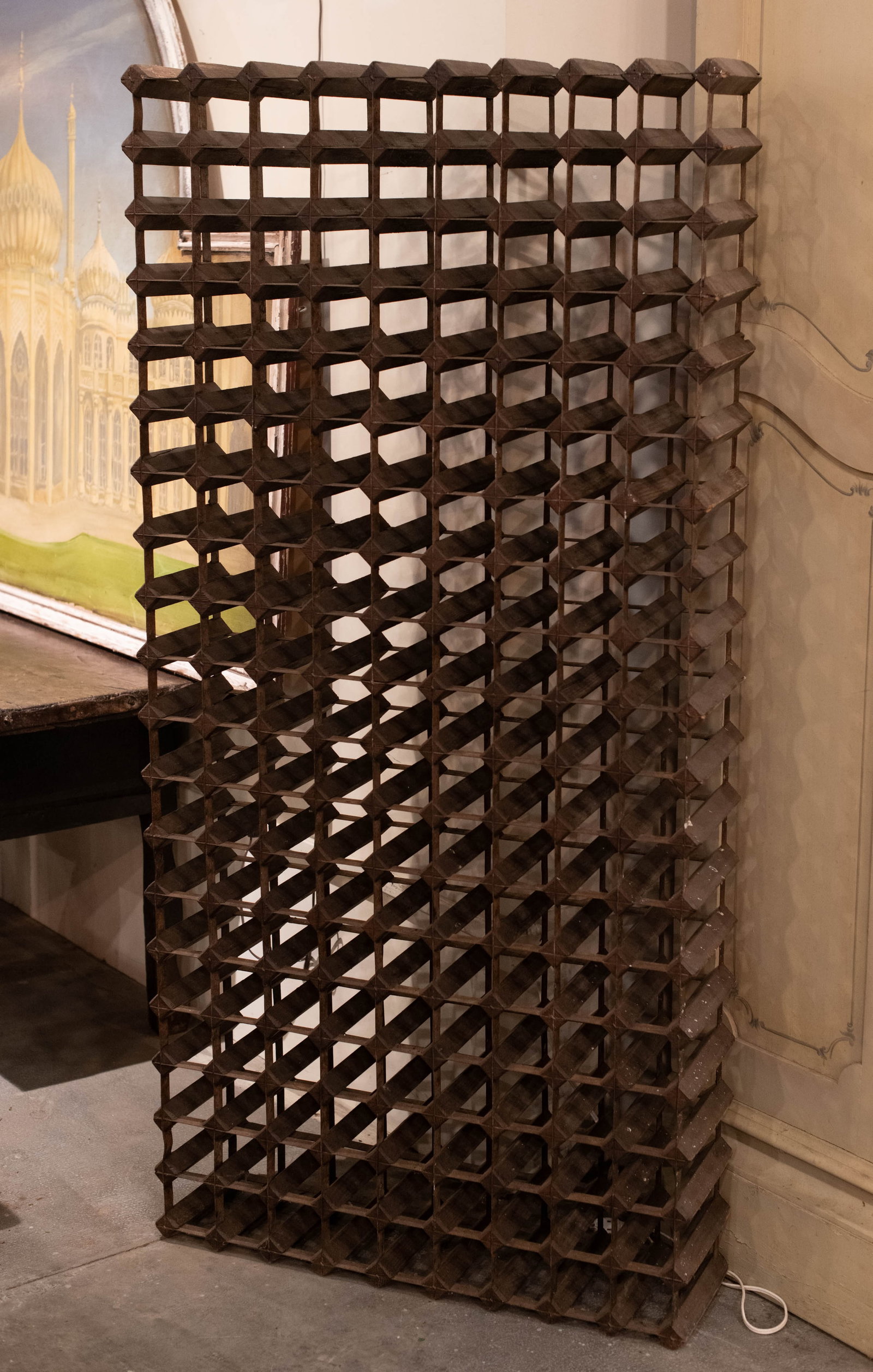Large 9 Bottle x 19 Bottle Wine Rack: Large Wine Rack, metal and wood construction. 171 bottle capacity. Size: 71"T x 35'W x 9"D. Circa: 1900 List Price: $2500