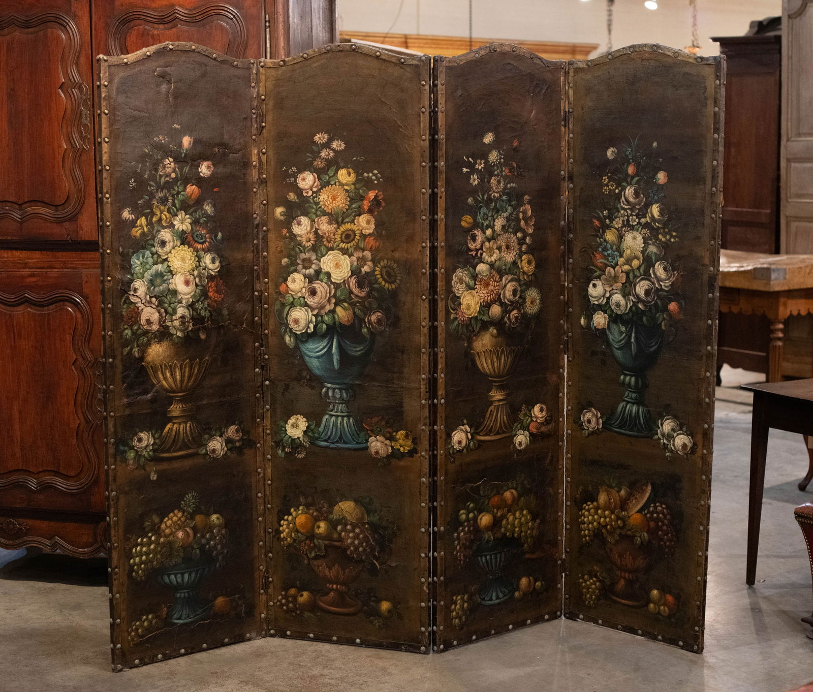 4 Panel Floral Painted Leather Screen (1 of 5)