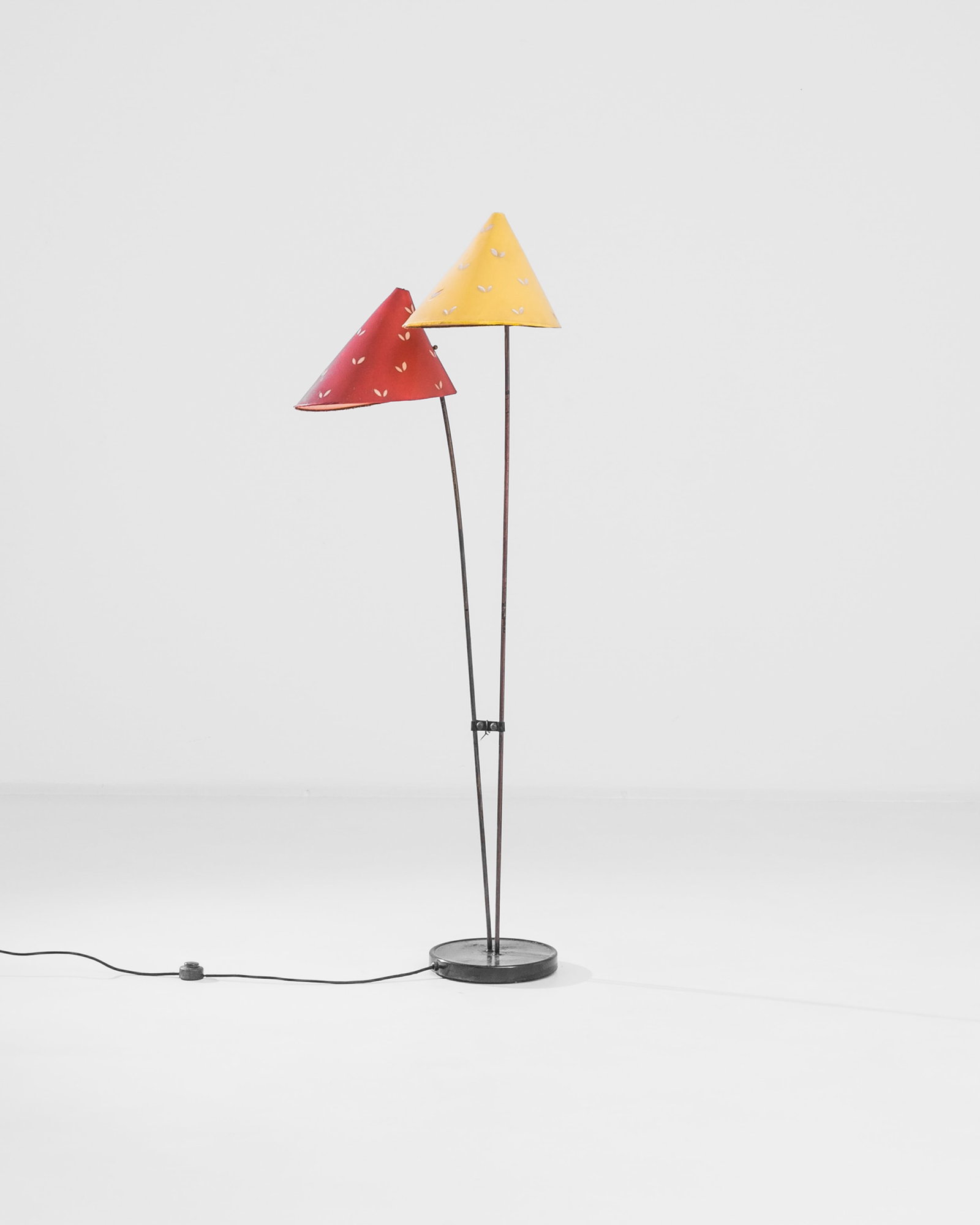 Modernist Painted Shade Floor Lamp: Playful modernist floor lamp with painted shades. Dimensions: H 58.75" x W 15" x D 15" Origin: Czech** Please Note: All items are located in High Point, NC. Please read Terms and Condition before bidd