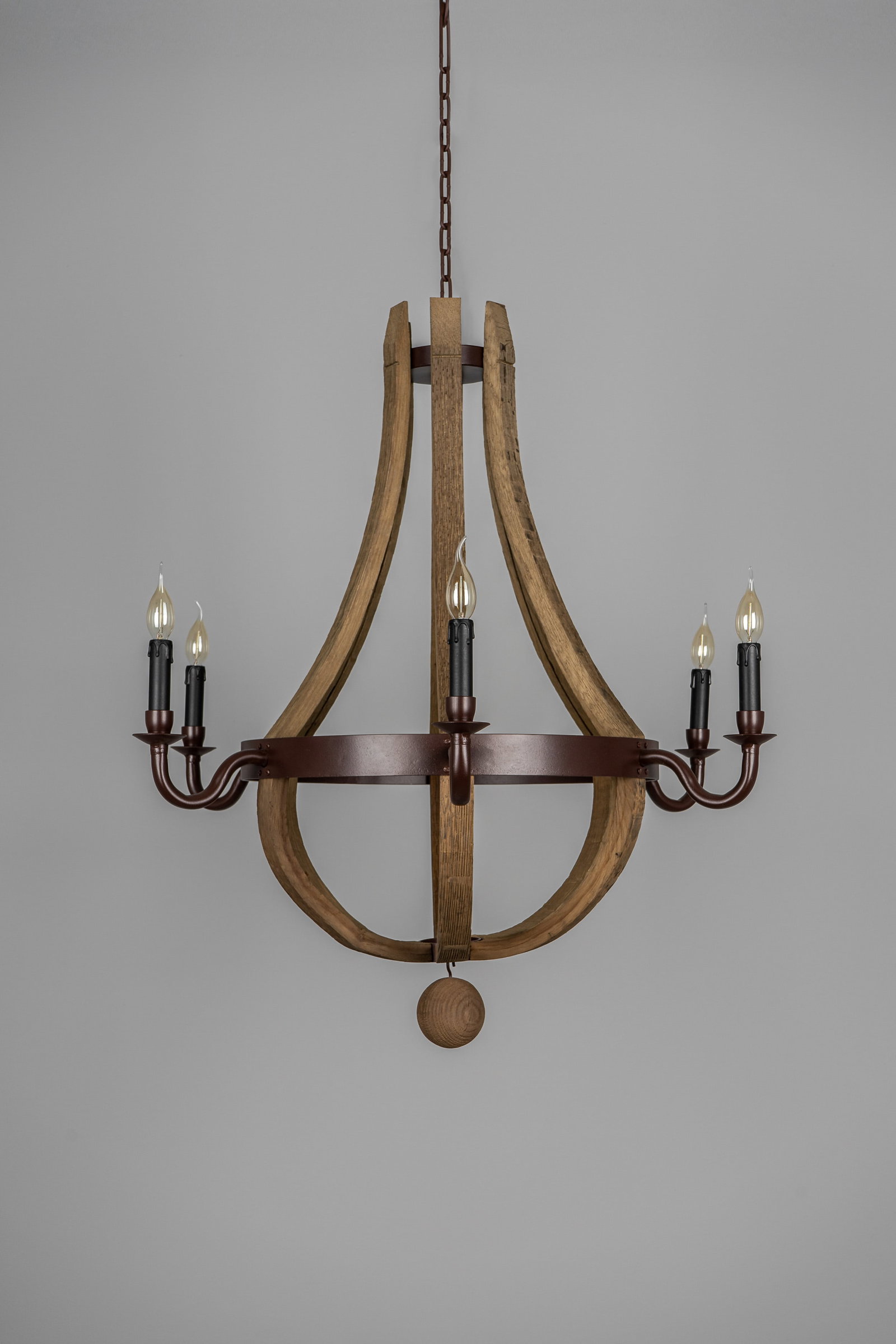 Wine Barrel Stave and Iron 6 Arm Chandelier: Wine Barrel Stave and Iron 6 Arm Chandelier. Dimensions: H 42.5" x W 33" x D 33"** Please Note: All items are located in High Point, NC. Please read Terms and Condition before bidding. Shipping provid