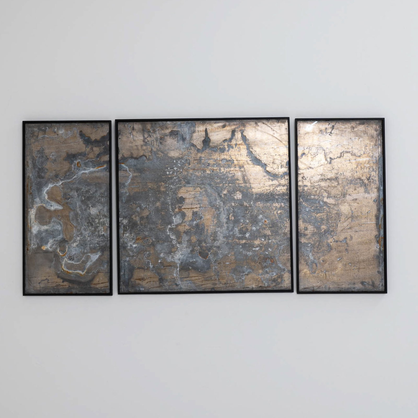 Decorative Industrial Style Etched Metal Triptych: Decorative Industrial Style Etched Metal Triptych. Dimensions: H 39" x W 78" x D 1"** Please Note: All items are located in High Point, NC. Please read Terms and Condition before bidding. Shipping pro