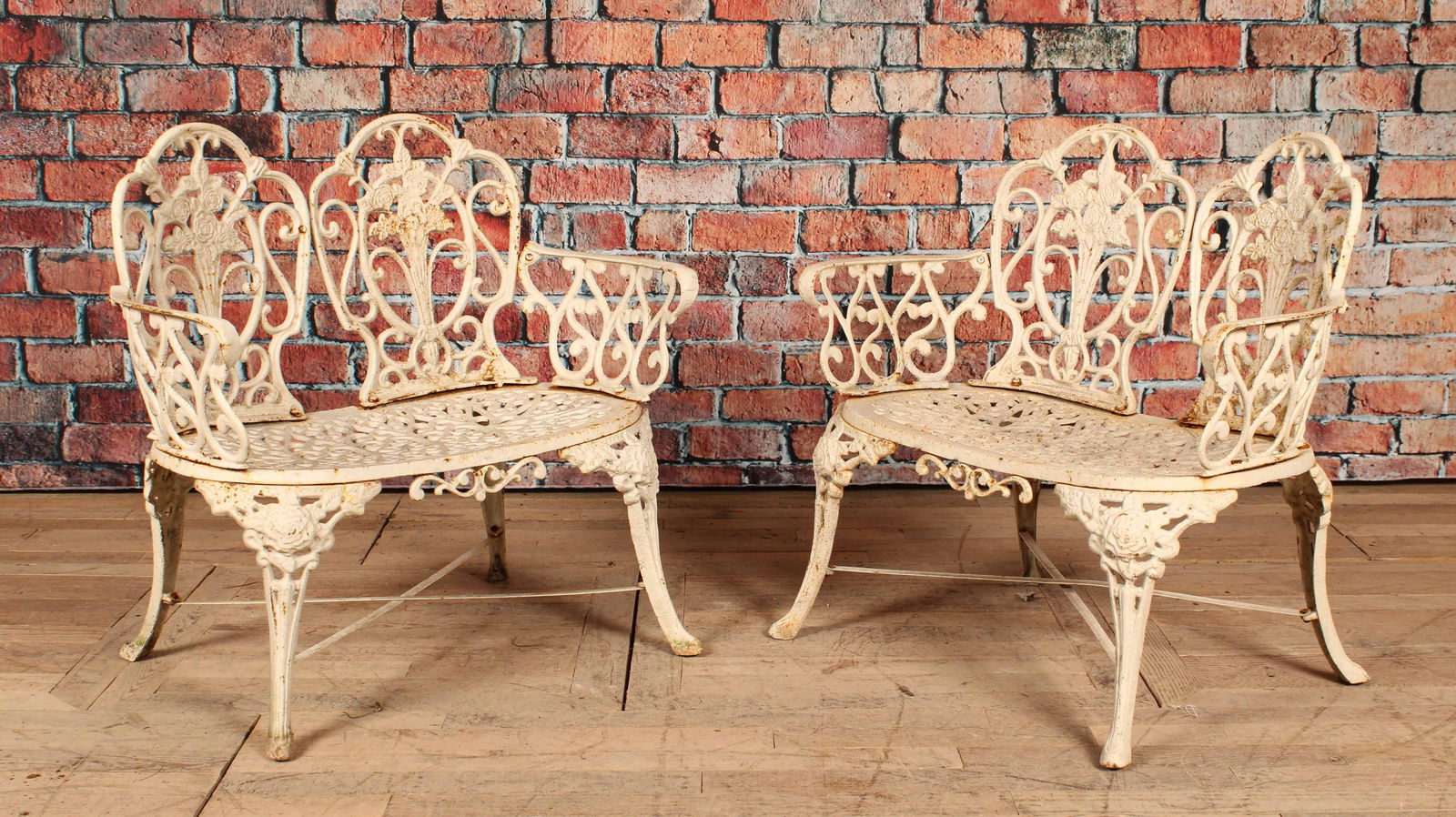 Pair Rose Bouquet Theme Cast Iron Garden Benches (1 of 10)