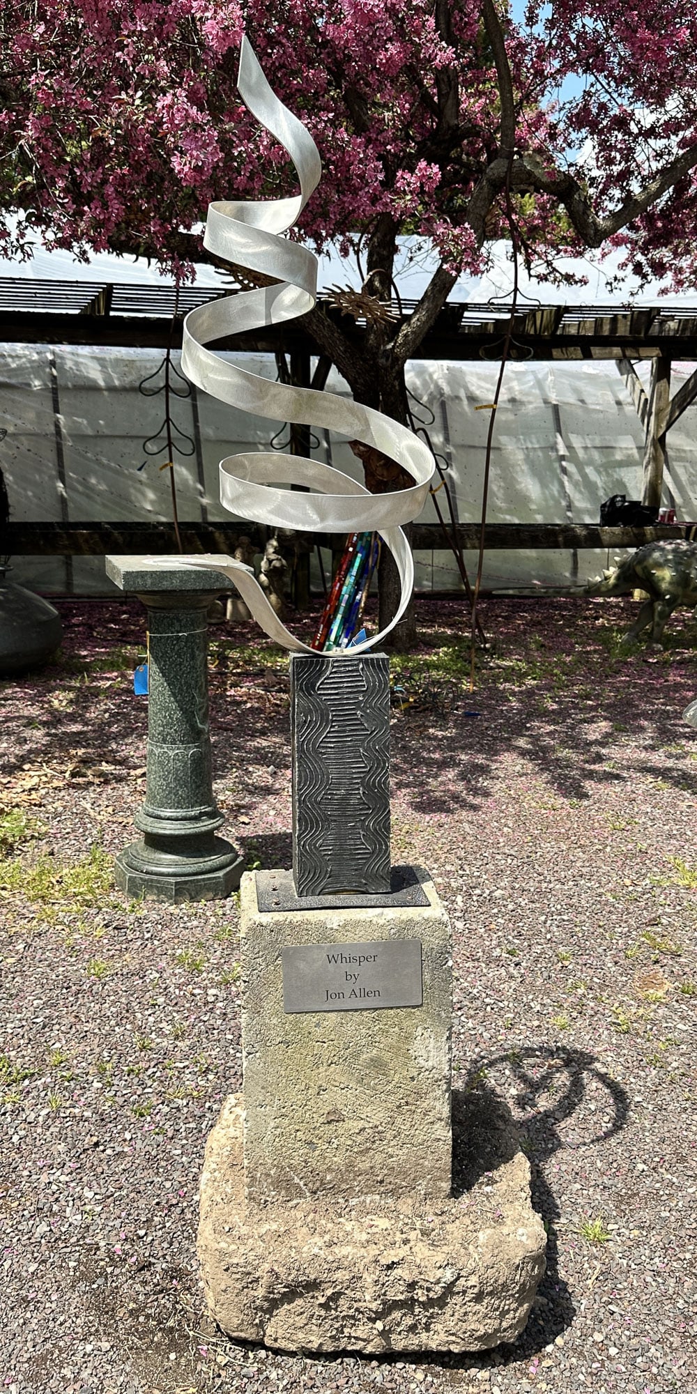 Modernist Steel & Stone Sculpture, Jon Allen: Modernist sculpture by Jon Allen titled "Whisper" Steel form on stone base. Size: 71"T x 18"L x 20"D irregular