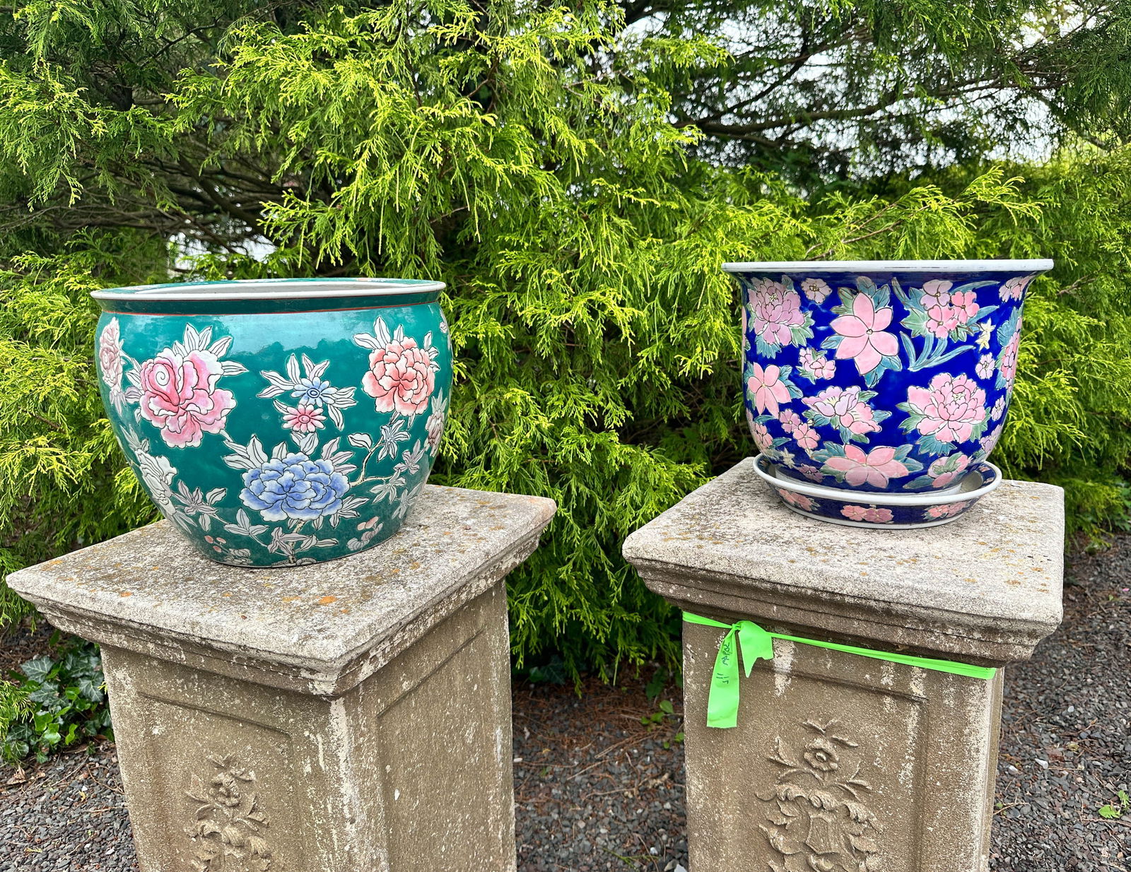 2 Chinoiserie Planters, Blue & Green: Set of coordinating Chinoiserie planters. Green with a floral motif outside and gold fish inside. The blue has an all over floral motif including the rim and drip plate. Pedestals not included. Size: