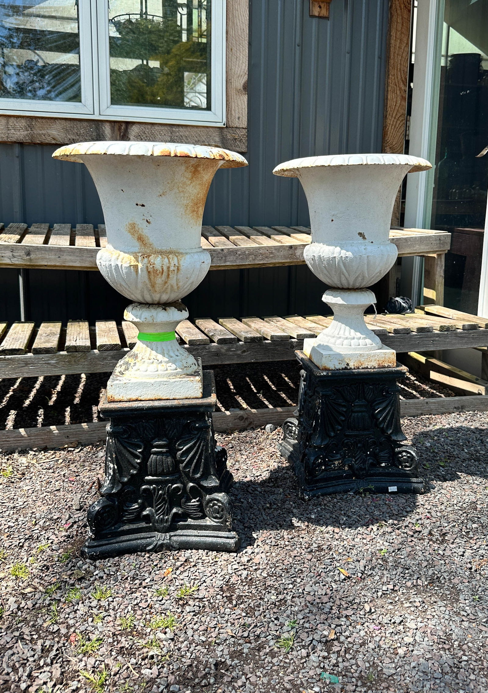 Pair Cast Iron Campana Urns on Pedestals Bases (1 of 10)