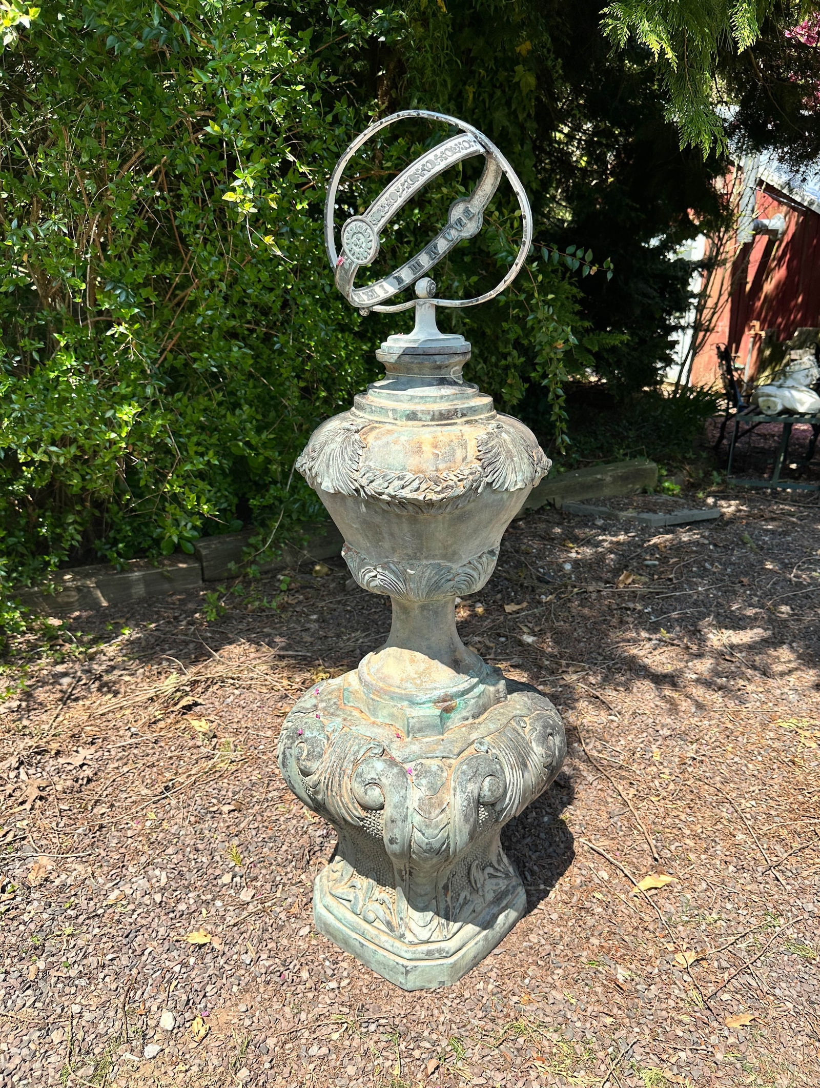 Armillary On Verdigris Bronze Pedestal: Very Interesting ornate verdigris pedestal with armillary topper. Armillary was added later and is removable, bent as seen in photos. Size: 48"T x 15"W x 15"D