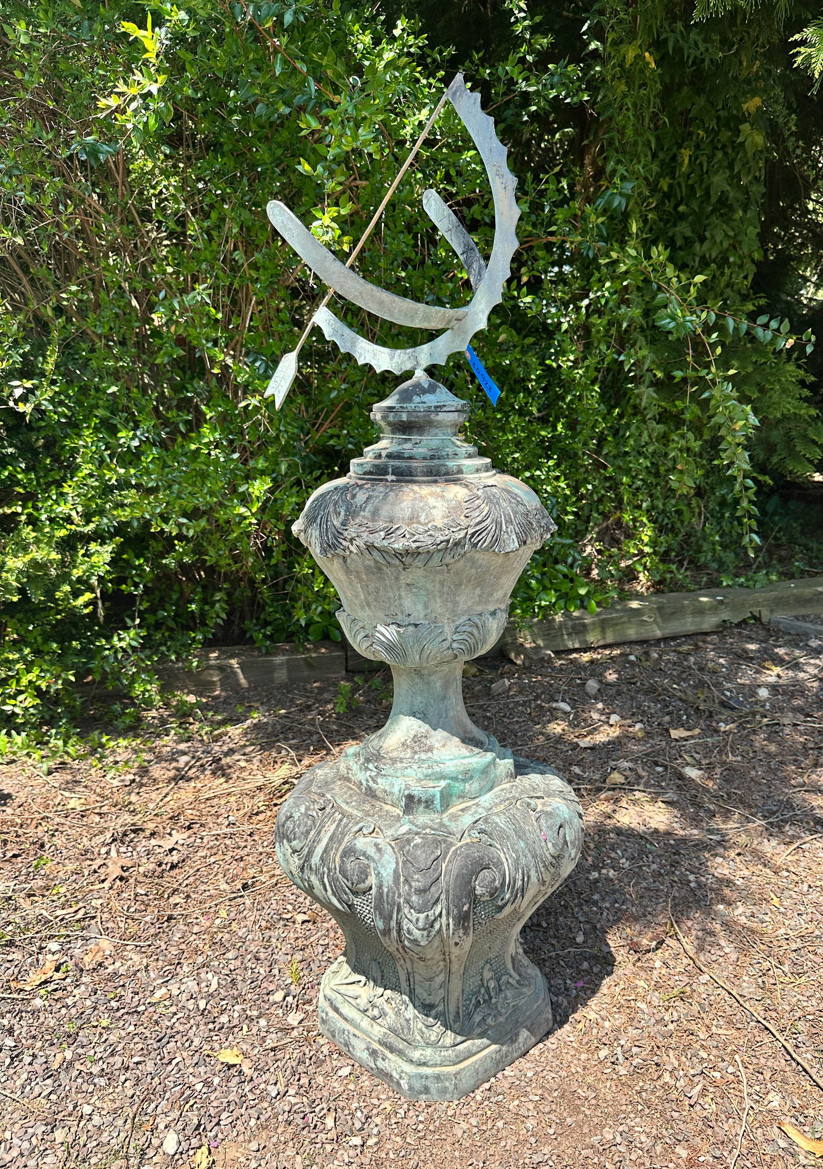 Armilary On Bronze Pedestal: Very Interesting ornate verdigris pedestal with armillary topper. Armillary was added later and is removable, missing piece on armillary as seen in photos. Size: 48"T x 15"W x 15"D