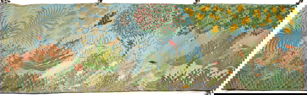 Flora & Fowl Wildlife Mural: Removed from a room where this mural was affixed directly to the wall, tempera on canvas. Wildlife scene featuring birds, a crane or heron, cardinal, chickadee, and more; as well as a beautiful 
