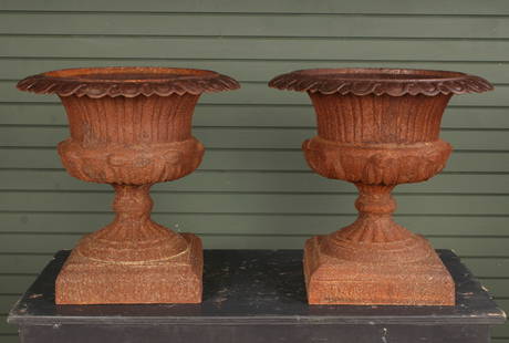 2 Cast Iron Tazza Urn Planters: Pair of cast iron tazza style urns, planters. Size: 19"H x 19"Dia. on a 12" sq. base