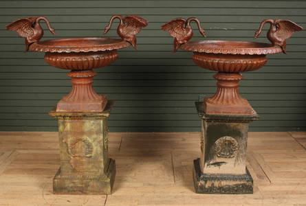 Pair Cast Iron Swan Handled Urns on Pedestals