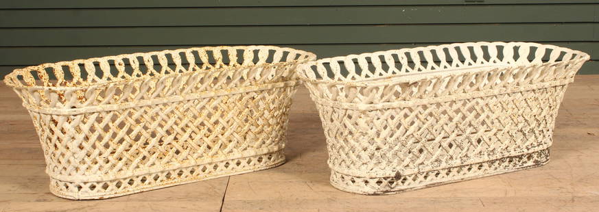 2 Oblong Pierced Basketweave Cast Iron Planters: Pair of cast iron oblong planters, trough style, window boxes, featuring open work basket weave. Size: 12" H x 34" W x 15 " D