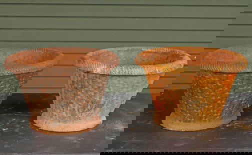 Pair of Cast Iron Basketweave Pattern Planters: Pair of planters in cast iron with basket weave and lovely patina. Size: 7.25"H x 11.75"Dia.