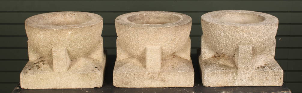 Group of 3 Art Deco Style Cast Planters: Trio of art deco designed cast stone planters. Size: 9"T x 12"L x 12"D
