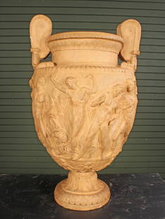 Neoclassical Terracotta Figural Urn: Stunning neoclassical urn in terracotta, scroll work handles, imagery of female figures, Satyrs, mermaids and more. Cracks as shown in photos. Size: 34.5"H x 20"Dia