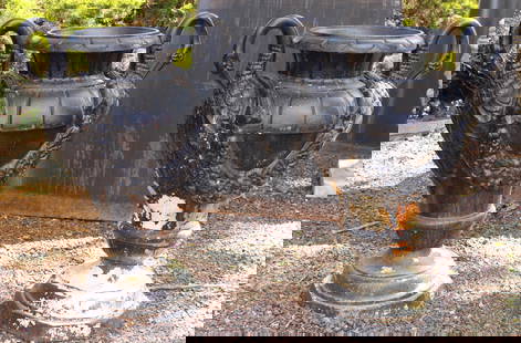 Egret Urns, Cast Iron, Garland Swags: Pair of cast iron egret urns, elegant bird form creates the handles with floral garland swags. Both have been painted black but weathered differently causing variations in the finish. Size: 28"T