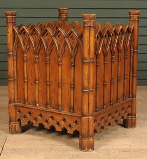 Gothic Carved Wood Planter: Gothic style carved wood planter with ecclesiastical style arches and quatrefoils. Tree planter. Size: 28"T x 23"W x 23"D