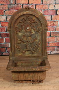 Cast Iron Wall Fountain, Bird and Vine Motif: Cast Iron Wall Fountain, Bird and Vine Motif. Size: 32" H x 19" W x 17" D