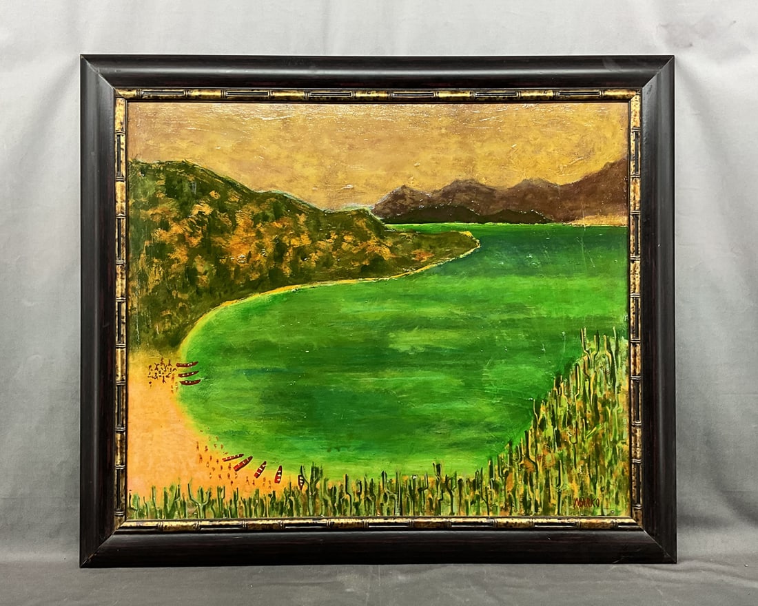 Naive Cove Painting Signed Marko: Landscape painting on canvas, cove in Venezuela, Titled "Chimana" by Marko and dated December 1989. Size: 30"T x 35.5"L, 3" frame