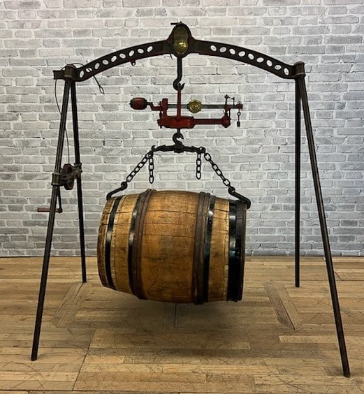 19th C Wine Barrel Scale: Late 19th or early 20th century wine barrel scale. Size: 73"T x 72"L x 44"D
