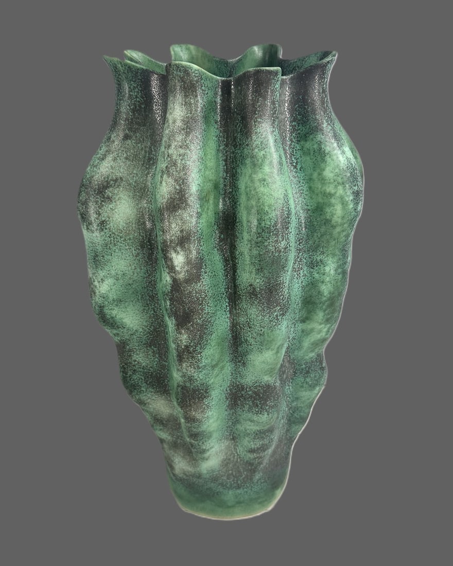 L'Objet Cenote Verdigris Colored Vase, France: From France, L'Objet Cenote fluted vase with verdigris colored finish. Stamped on bottom. Size: 23"T irregular diameter approximately 11"