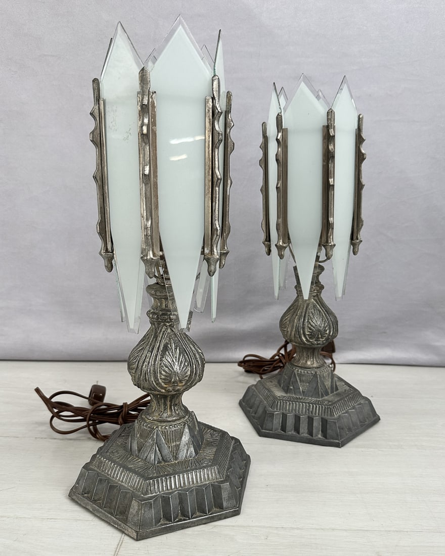 Art Deco Silver Lamp Pair, Glass Shade (1 of 10)
