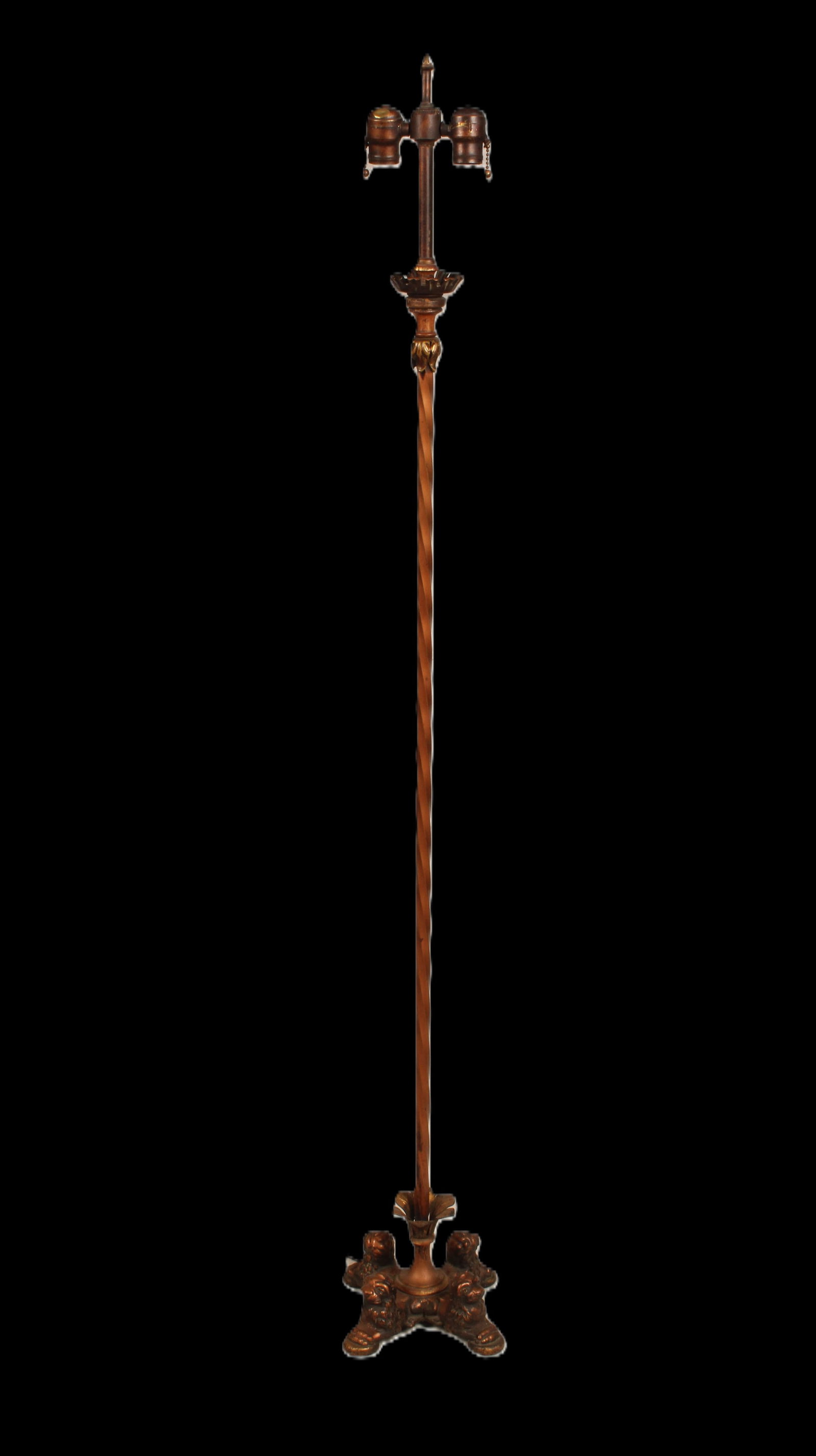 Lion Foot Floor Lamp: Two way floor lamp in cast brass with lion feet. Scuffs and wear to finish. Does have a makers mark but it's hard to make out the manufacturers name, The Rese Company Chicago??? Untested. Size: 57.5"H