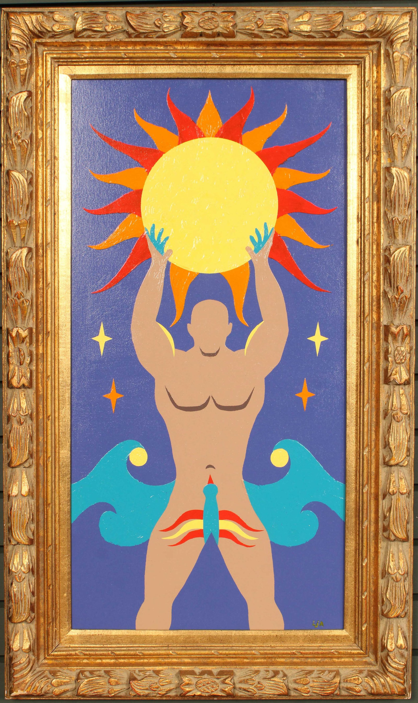 Contemporary Male Nude Celebration Painting: Contemporary male nude, bold pop art colors, gold frame. Signed lower right LJA. Size: frame 36.5"H x 21.5"W sight 29.5"H x 14.5"W