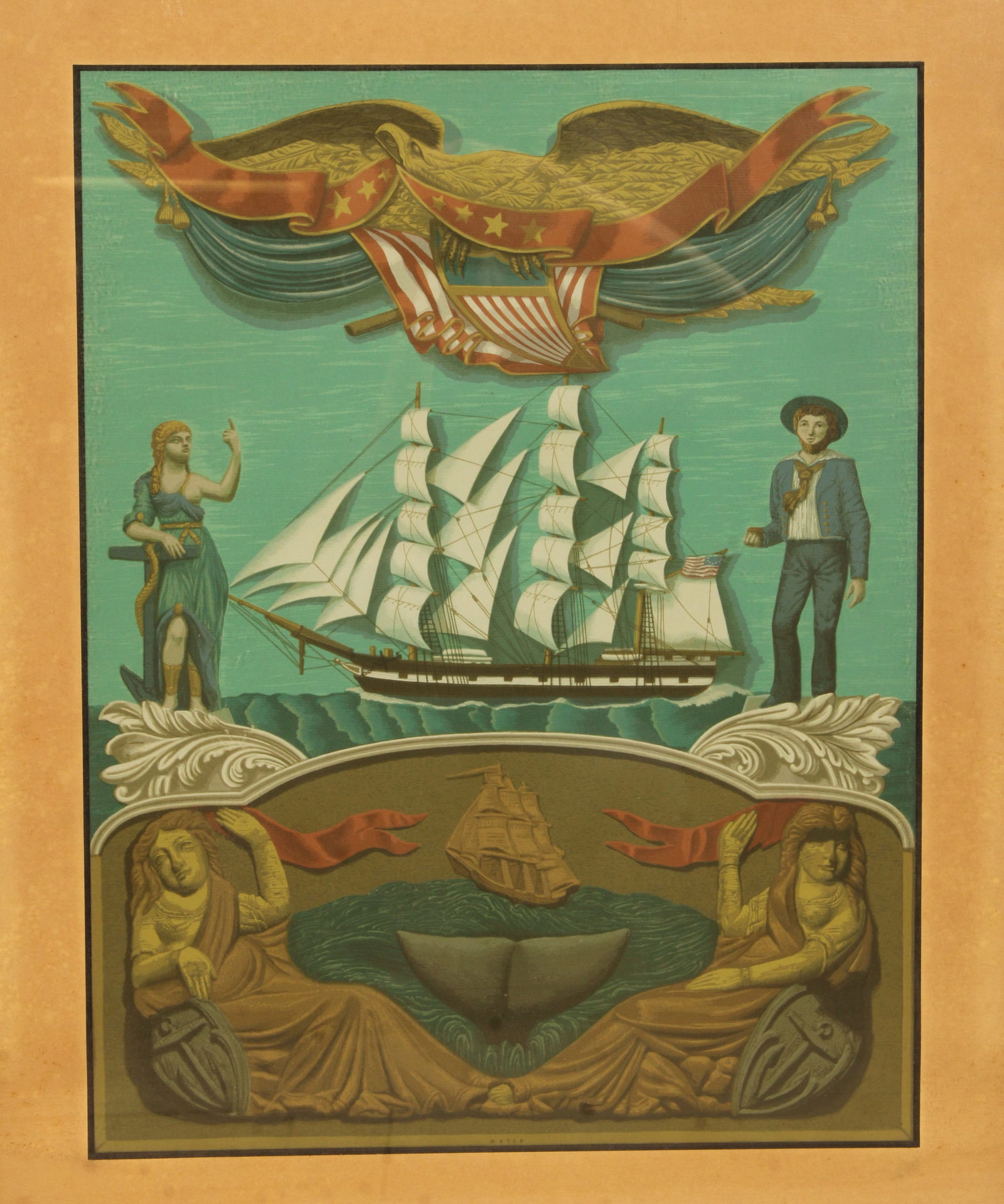 Allen Saalburg (20th C, Frenchtown, NJ) Water: Framed antique full color lithograph, nautical theme with a schooner and whale tail. Titled "water" on the bottom. Size: 32"H x 25.5"W x 1"D sight 22"H x 17"W