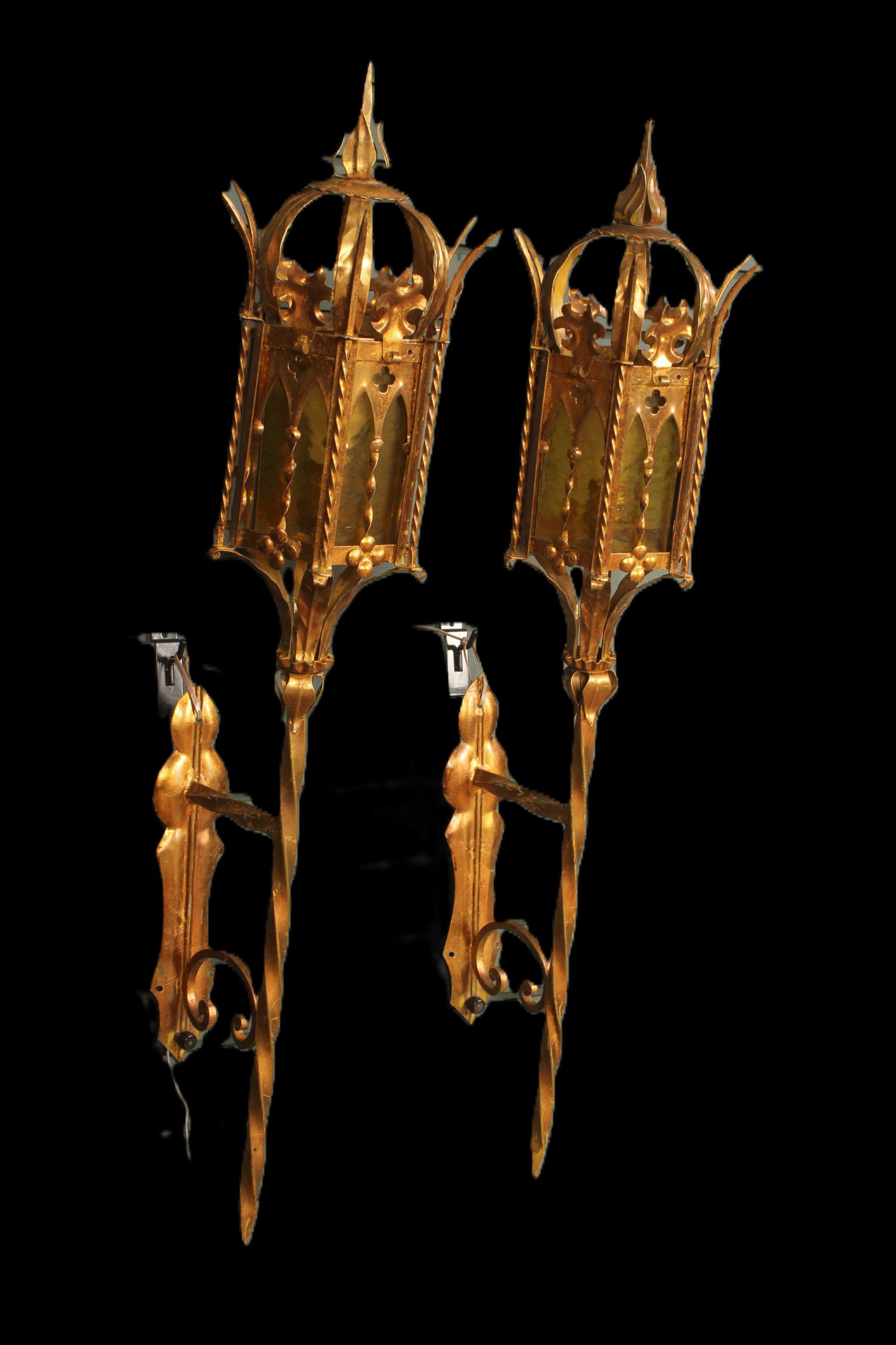 Pair Gothic Wrought Iron Lanterns, Sconces (1 of 10)