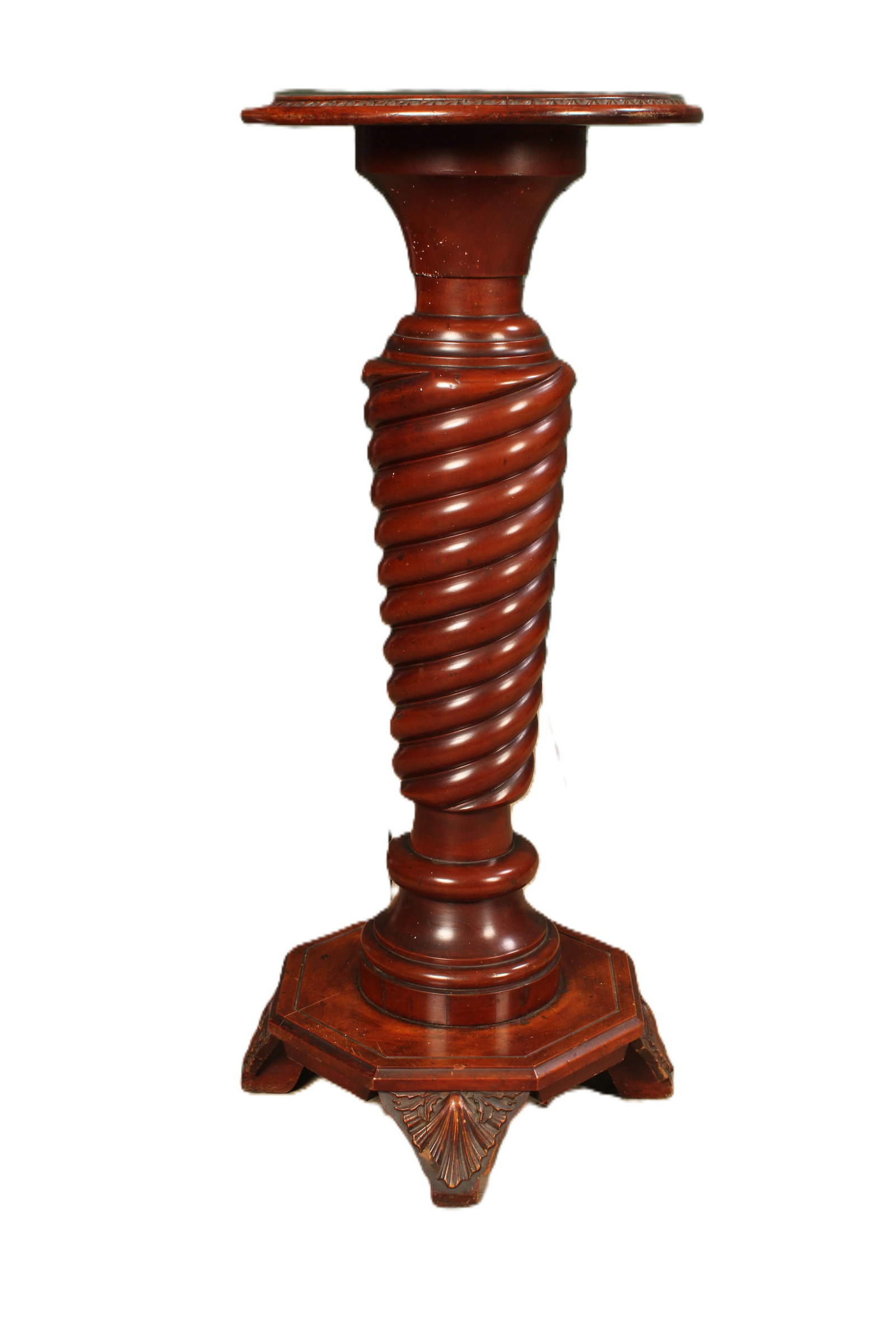Empire Twisted Column Fernery Stand: Carved wood stand with stylized scroll feet twisted central column and generous top surface for ferns, plants, or whatever you like to display. Size: 38"H x 16"Dia. top