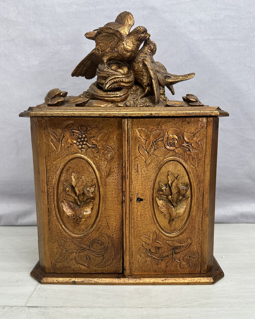 Italian Gilt Jewelry Box, Love Birds: Italian gilt wood jewelry box. Topped with three dimensional carved love birds, floral details through out, 11 drawers in total, one is stuck and one is missing its pull. Recently relined in pink velv