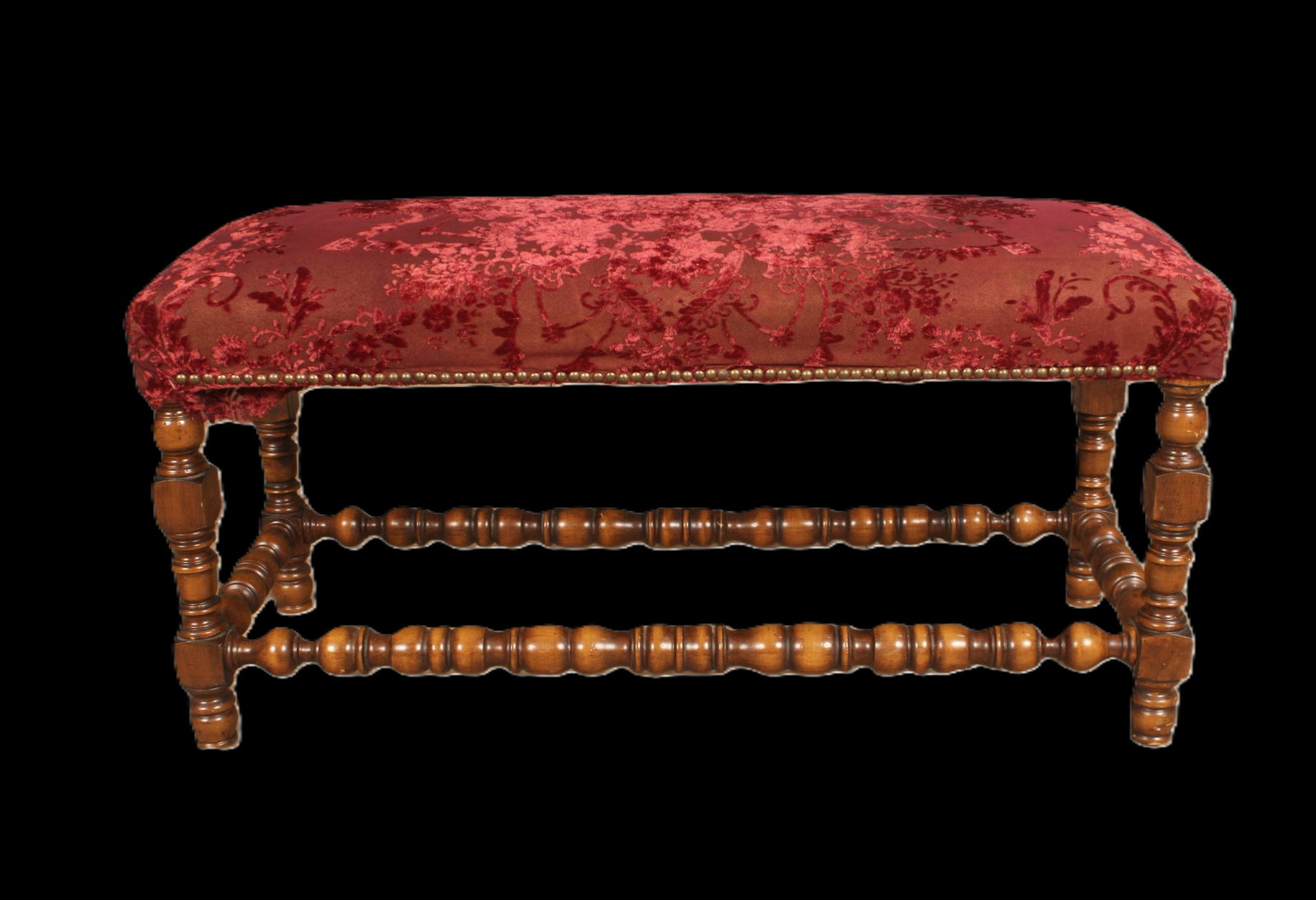 Velvet Upholstered Bench: Cut velvet damask upholstery with nail head trim, over turned wood supports. Size: 17.5"H x 35"W x 14"D