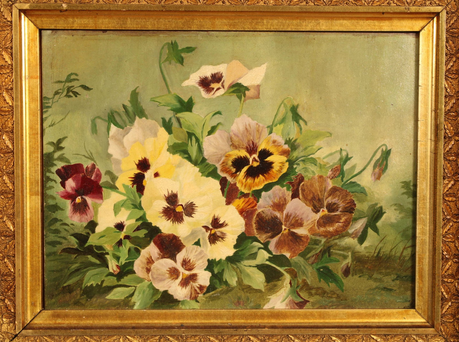 Antique Floral Still Life, Pansies OOB: Unsigned floral still life of a grouping of pansies. Unsigned. Losses to frame as seen in photos. Size: frame 14.75"H x 17.75"W sight 8.5"H x 11.5"W