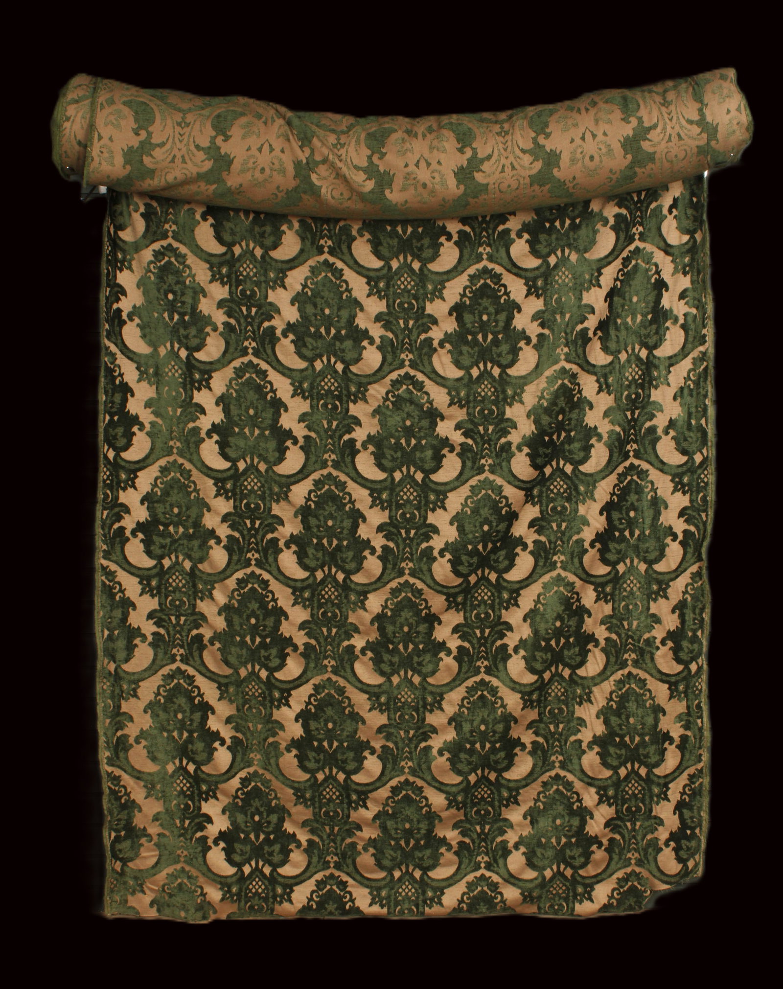 Cut Velvet With Damask Pattern: Partial bolt of cut velvet green damask, Unknown length. Size: 56"W