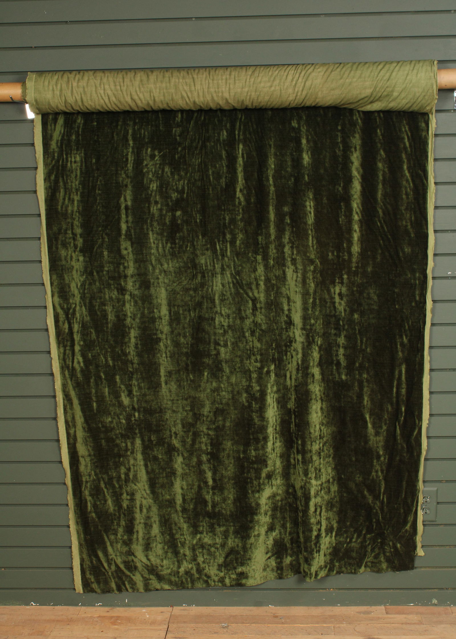 Green Velvet, Fabric Bolt: Partial bolt of solid green velvet. Unknown length. Size: 50"W