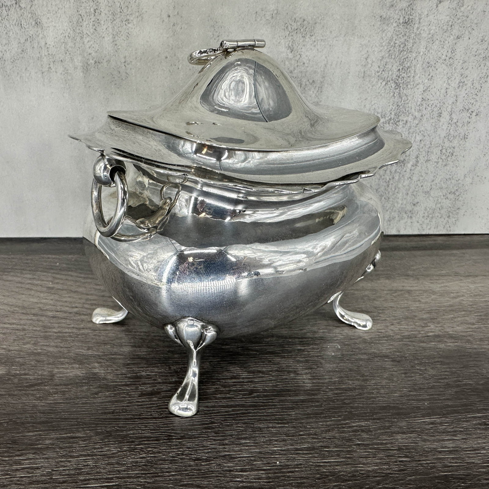 Sterling With Gilt Interior Tea Caddy: Beautiful condition, English sterling and Gilt tea caddy. Made in London 1926, stamps on underside, interior, and top handle, goldsmith and silversmith makers marks. Size: 4"T x 4"W x 3"D, 262.8g