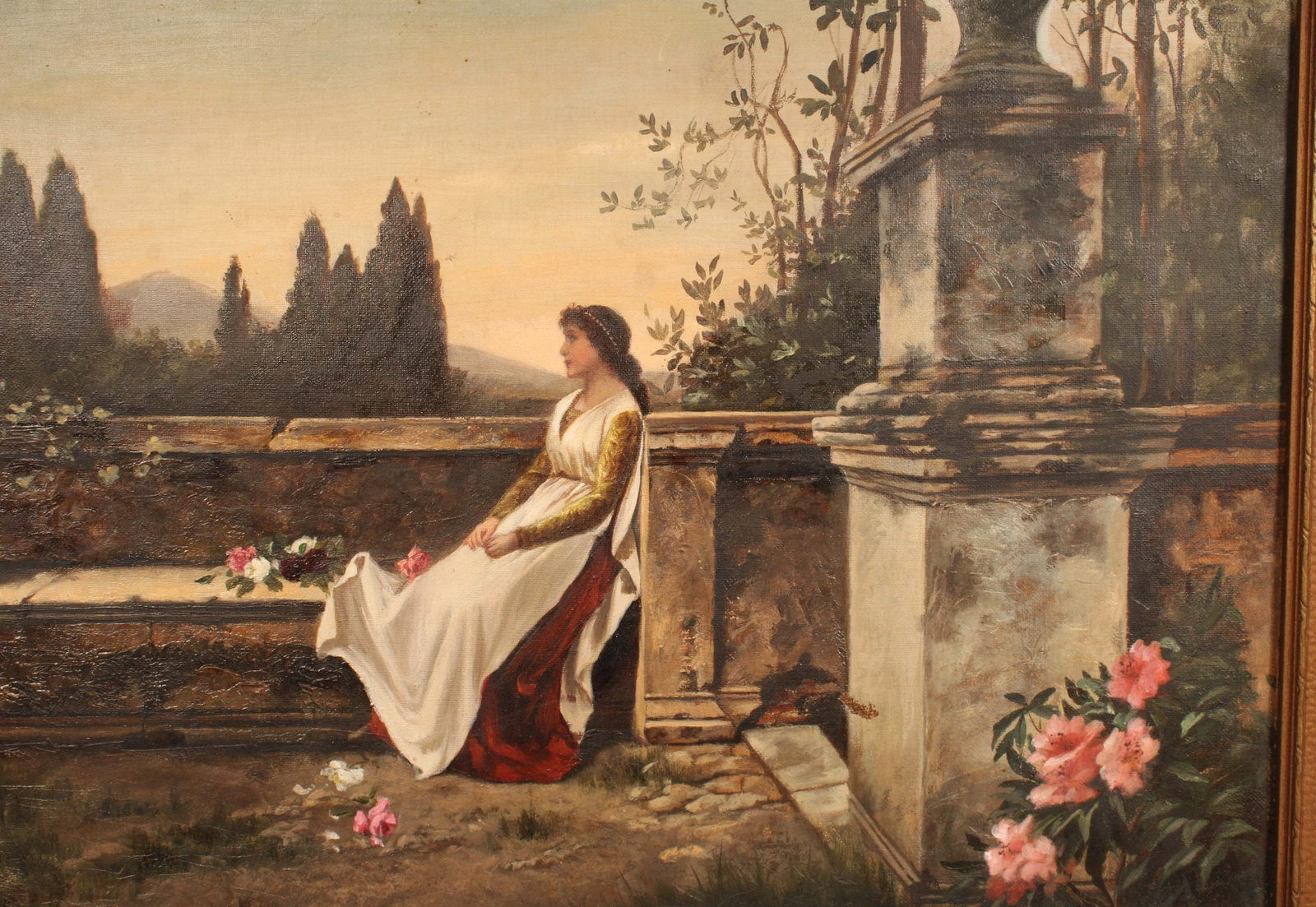 Neoclassical Style Painting, After Edouard Niczky: Portrait of a women on a terrace, or in a patio, either way quite romantic with the flowers. Unsigned. Gilt wood frame. Stamp on back Wm. Minifie & Son Artists Depot Baltimore. Size: frame 14.5"H x 19