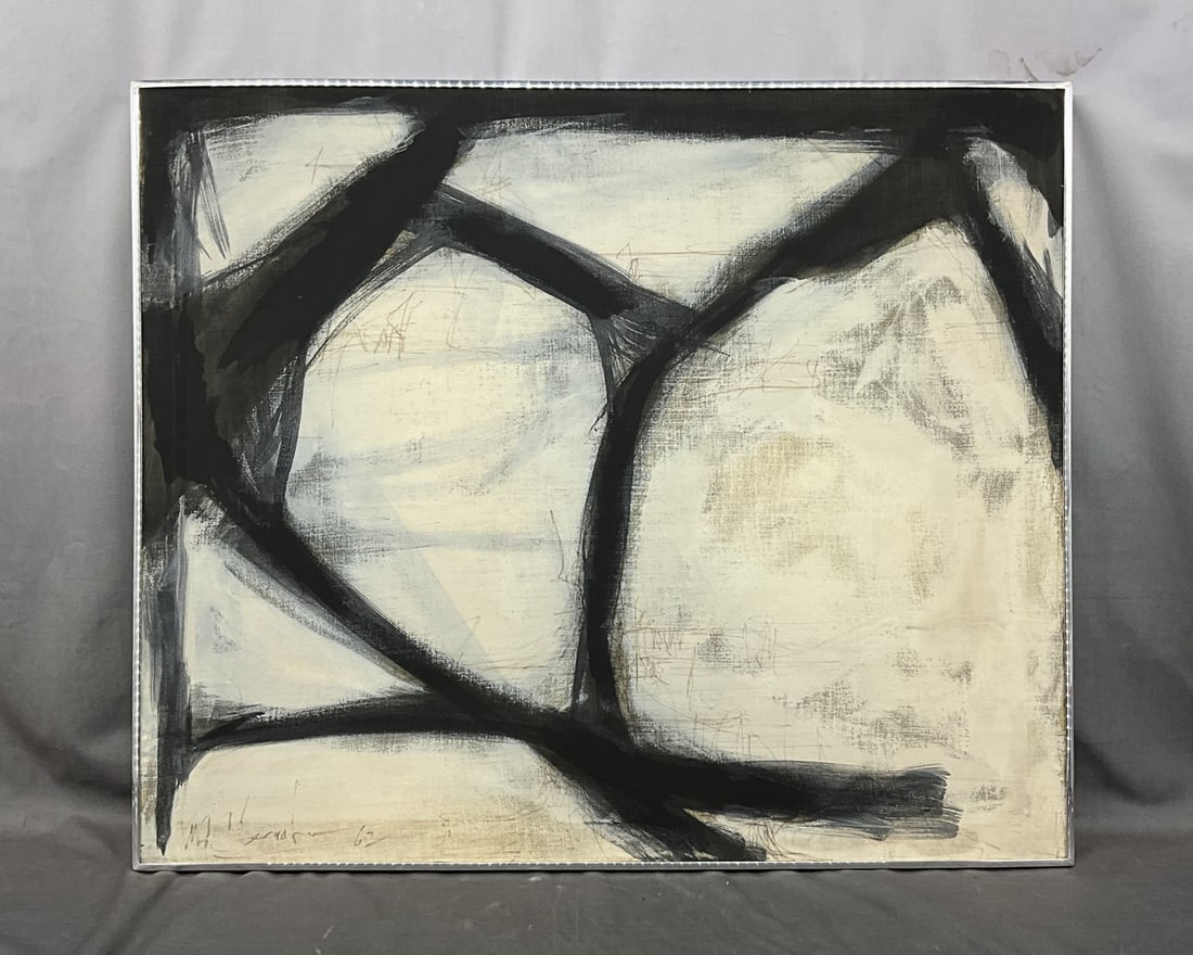 Modernist Abstract Painting, MCM: Modernist abstract painting on canvas. Illegible signature, dated '62. Size: 30.5"T x 35.5"W