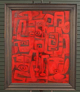 Tony Abeyta, Red Singing Clowns: Tony Abeyta (Active, B. 1965, New Mexico) Oil on Canvas, Red Singing Clowns. Provenance: Size: frame 47"H x 39"W sight 39.5"H x 31.5"W
